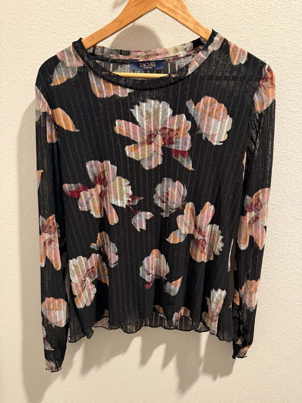 Rachel Rachel Roy Black Floral Ribbed Long Sleeve Top Sheer Crew Neck XL